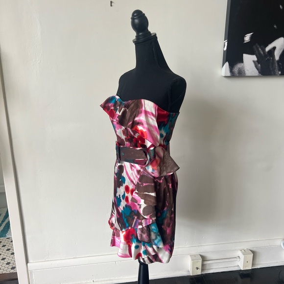 Express Silk Strapless Ruffle Mini Dress with Belt - Picture 4 of 10
